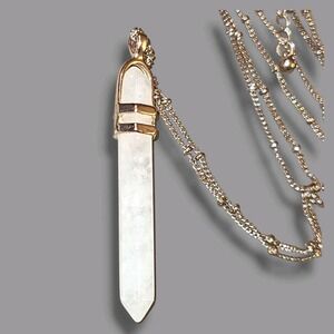 White Quartz Crystal Pendant Gold Tone Necklace 30"-34"‎